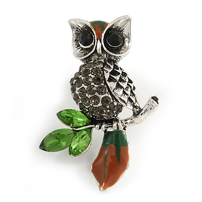Wise Crystal Owl Brooch In Silver Tone Metal (Grey/ Green) - 40mm Long