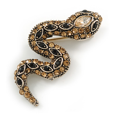 Small Champagne/ Black Crystal Snake Brooch In Aged Gold Tone Metal - 40mm Long - main view