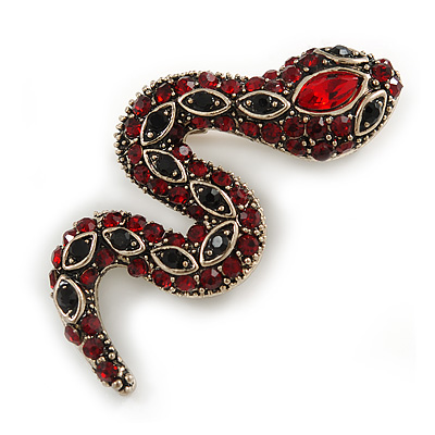 Small Red/ Black Crystal Snake Brooch In Aged Gold Tone Metal - 40mm Long - main view