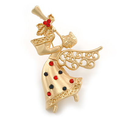 Beautiful Guardian Angel Green/ Red Crystal Brooch In Matte Gold Tone Xmas Christmas - 48mm L