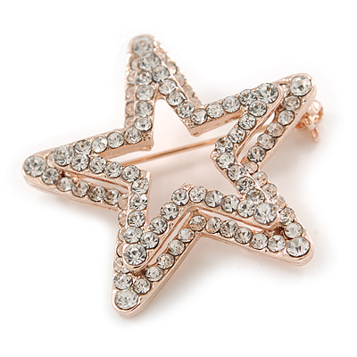 Rose Gold Tone Clear Austrian Crystal Open Layered Star Brooch - 40mm Across