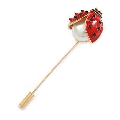 Gold Tone Red Enamel Faux Pearl Ladybird/ Lady Bug Lapel, Hat, Suit, Tuxedo, Collar, Scarf, Coat Stick Brooch Pin - 70mm Long