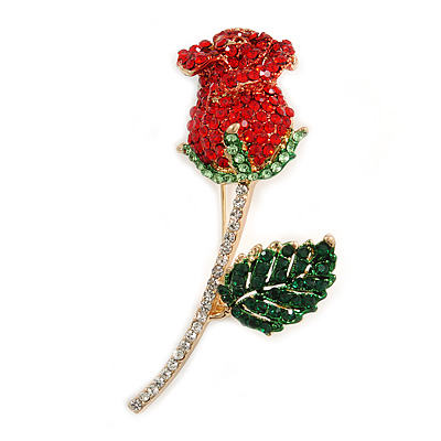 Statement Red/ Green/ Clear Crystal Rose Brooch In Gold Tone - 68mm Tall