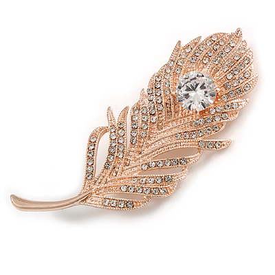CZ/ Clear Austrian Crystal Peacock Feather Brooch In Rose Gold Tone Metal - 7cm Long