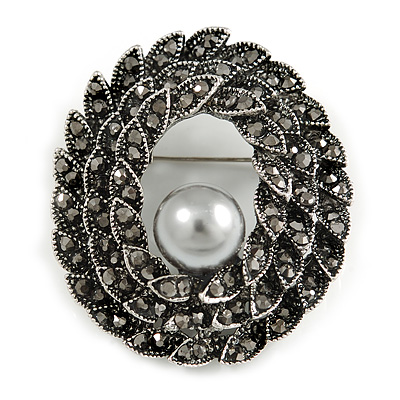 Vintage Inspired Open Oval Hematite Crystal with Pearl Bead Brooch In Aged Silver Tone - 45mm Long