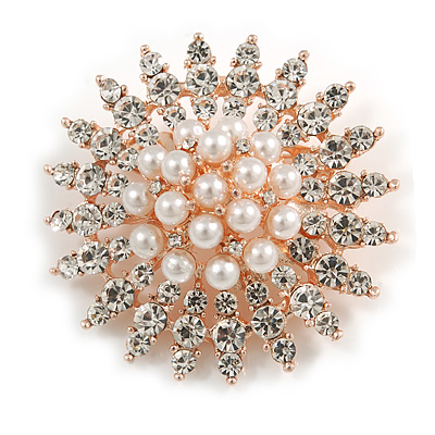 Bridal/ Prom/ Wedding Faux Pearl Crystal Corsage Brooch In Rose Gold Tone - 50mm D