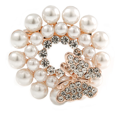 Romantic Cream Faux Pearl Crystal Butterfly Wreath Brooch In Rose Gold Tone - 40mm D