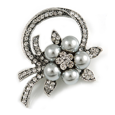 Vintage Inspired Floral Crystal Brooch In Aged Silver Tone (Grey/ Clear) - 50mm Across - main view