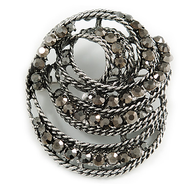 Vintage Inspired Hematite Crystal Twirl Oval Brooch In Aged Silver Tone - 50mm Long