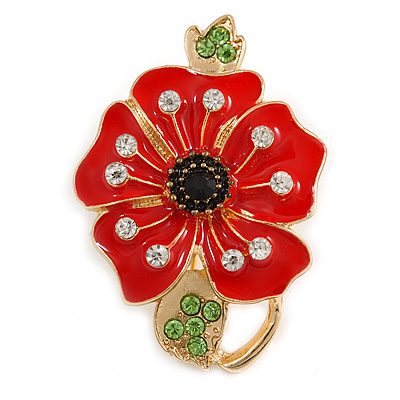 Bright Red Enamel Clear/ Green/ Black Crystal Poppy Brooch In Gold Tone Metal - 50mm Long - main view