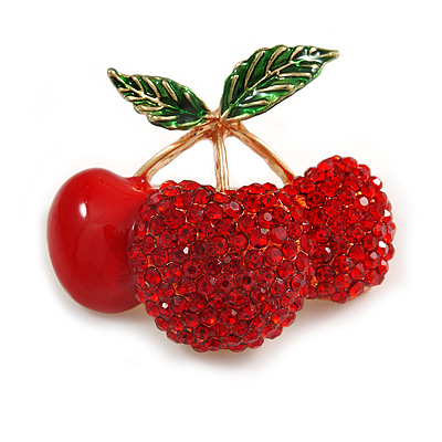 Red Crystal, Enamel Cherry Brooch In Gold Tone - 40mm Across - main view
