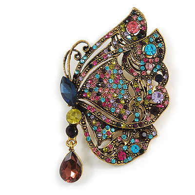 Large Vintage Inspired Multicoloured Crystal Butterfly Brooch In Aged Gold Tone Metal - 85mm Tall