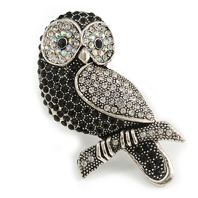 Vintage Inspired Black/ Clear/ Ab Crystal Owl Brooch In Aged Silver Tone - 70mm Long - main view