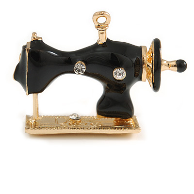 Vintage Inspired Gold Tone Black Enamel Sewing Machine Brooch - 35mm Wide