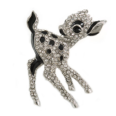 Cute Crystal Baby Fawn/ Young Deer Brooch/ Pendant In Silver Tone Metal - 48mm Tall