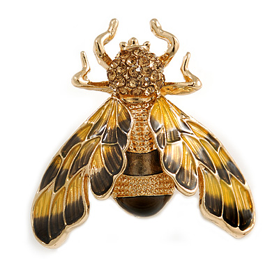 Yellow/ Black Enamel Crystal Moth Brooch In Gold Tone - 35mm Long - main view