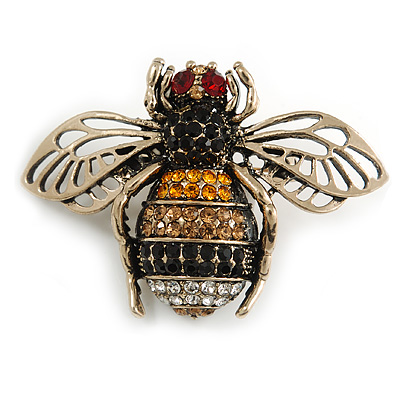 Vintage Inspired Crystal Bee Brooch In Gold Tone - 50mm Across