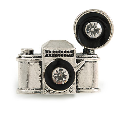 Vintage Inspired Aged Silver Tone Small Camera Brooch - 30mm Across - main view