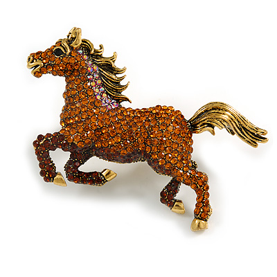 Statement Topaz Coloured Crystal Horse Brooch In Aged Gold Tone Metal - 75mm Across - main view