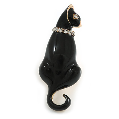 Black Enamel with Crystal Collar Cat Brooch In Gold Tone Metal - 43mm Long