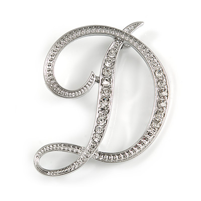 'D' Rhodium Plated Clear Crystal Letter D Alphabet Initial Brooch Personalised Jewellery Gift - 45mm Tall