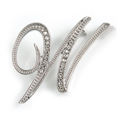 'W' Rhodium Plated Clear Crystal Letter W Alphabet Initial Brooch Personalised Jewellery Gift - 35mm Tall