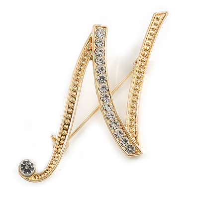 'N' Gold Plated Clear Crystal Letter N Alphabet Initial Brooch Personalised Jewellery Gift - 40mm Tall