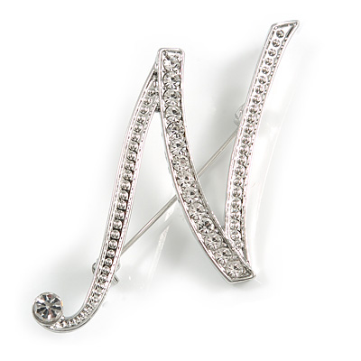 'N' Rhodium Plated Clear Crystal Letter N Alphabet Initial Brooch Personalised Jewellery Gift - 40mm Tall
