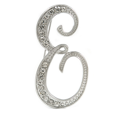 'E' Rhodium Plated Clear Crystal Letter E Alphabet Initial Brooch Personalised Jewellery Gift - 50mm Tall - main view
