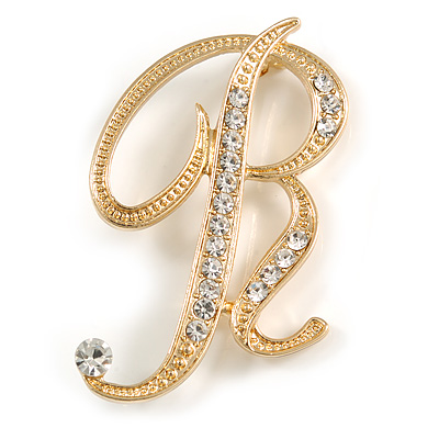 'R' Gold Plated Clear Crystal Letter R Alphabet Initial Brooch Personalised Jewellery Gift - 45mm Tall