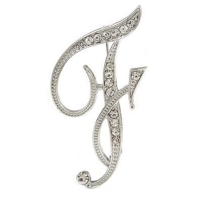 'F' Rhodium Plated Clear Crystal Letter F Alphabet Initial Brooch Personalised Jewellery Gift - 50mm Tall - main view