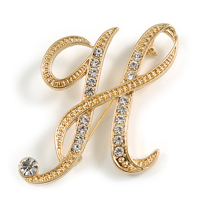 'H' Gold Plated Clear Crystal Letter H Alphabet Initial Brooch Personalised Jewellery Gift - 43mm Tall