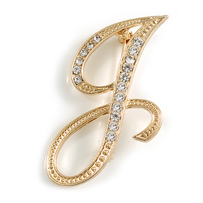 'J' Gold Plated Clear Crystal Letter J Alphabet Initial Brooch Personalised Jewellery Gift - 45mm Tall