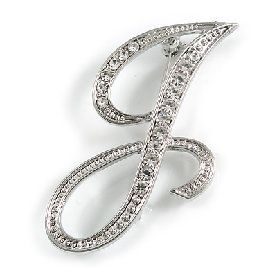 'J' Rhodium Plated Clear Crystal Letter J Alphabet Initial Brooch Personalised Jewellery Gift - 45mm Tall