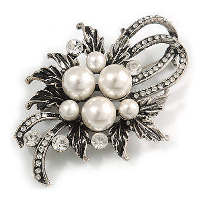 Vintage Inspired Crystal, Pearl Floral Brooch in Aged Silver Tone - 63mm Across