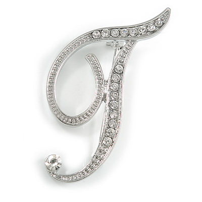 'T' Rhodium Plated Clear Crystal Letter T Alphabet Initial Brooch Personalised Jewellery Gift - 40mm Tall - main view
