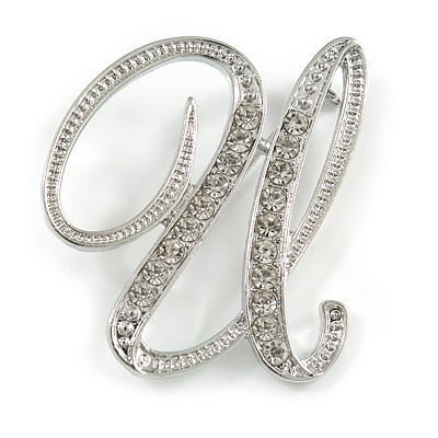 'U' Rhodium Plated Clear Crystal Letter U Alphabet Initial Brooch Personalised Jewellery Gift - 40mm Tall