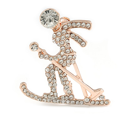 Christmas Clear Crystal Skier/ Skiing Brooch In Rose Gold Tone - 40mm Tall