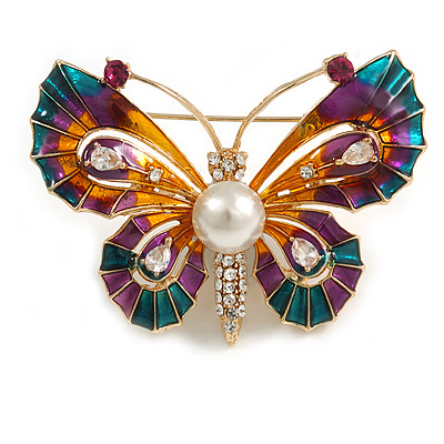 Multicoloured Enamel Crystal with Faux Pearl Butterfly Brooch In Gold Tone - 53mm Across - main view