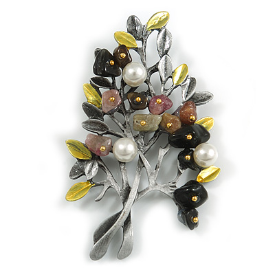 Vintage Inspired Multi Semiprecious Stone Faux Pearl Floral Brooch/ Pendant In Pewter Tone Metal - 75mm Across