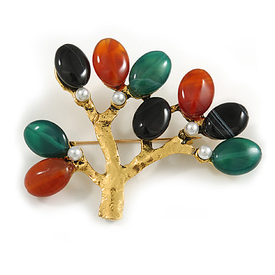 Vintage Inspired Semiprecious Agate Stone, Faux Pearl Tree Brooch In Aged Gold Tone - 65mm Across - main view