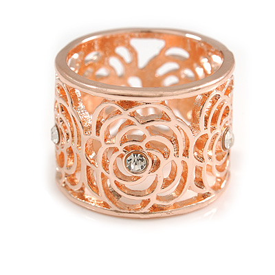 Fancy Women's Scarf Ring Clip Slide in Rose Gold Tone Metal with Rose Flower Motif - 17mm Tall