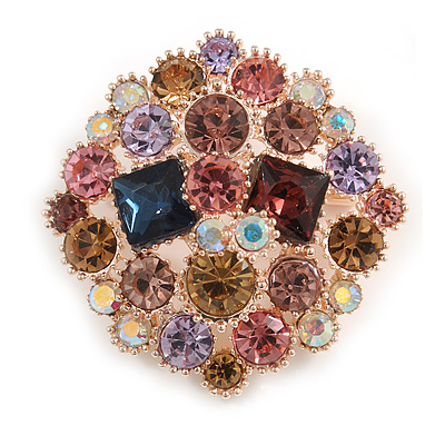 Statement Multicoloured Square Cluster Brooch In Rose Gold Tone - 40mm Across