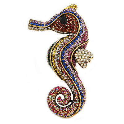 Oversized Multicoloured Crystal Seahorse Brooch/ Pendant in Aged Gold Tone Metal - 90mm Tall