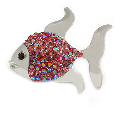 Small Pink Crystal Fish Brooch In Silver Tone Metal - 35mm Across