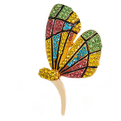 Green/ Lemon Yellow/ Pink/ Light Blue Crystal Butterfly Brooch In Gold Tone - 55mm Tall - main view