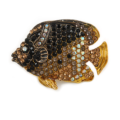 Statement Crystal Fish Brooch In Gold Tone (Black/ Citrine/ AB/ Grey) - 47mm Across