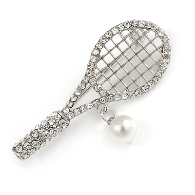 Clear Crystal Tennis Racket with Pearl Bead Ball Brooch In Silver Tone Metal - 55mm Across - main view