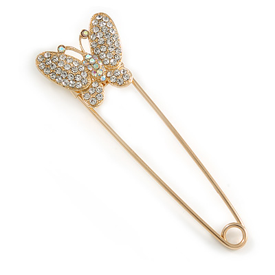 Clear Crystal Butterfly Safety Pin In Gold Tone - 80mm L - main view