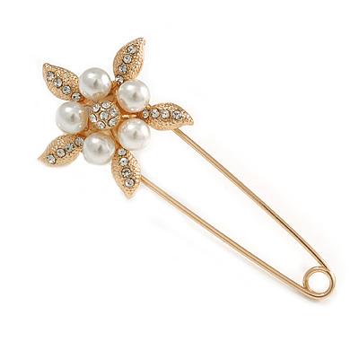Large Clear Crystal Faux Pearl Flower Safety Pin Brooch In Gold Tone - 70mm Across - main view
